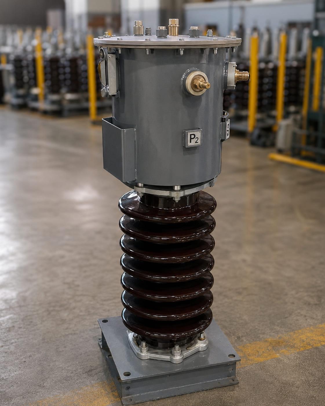 Outdoor oil-filled current transformer on its mounting base, porcelain insulator stack below the tank
