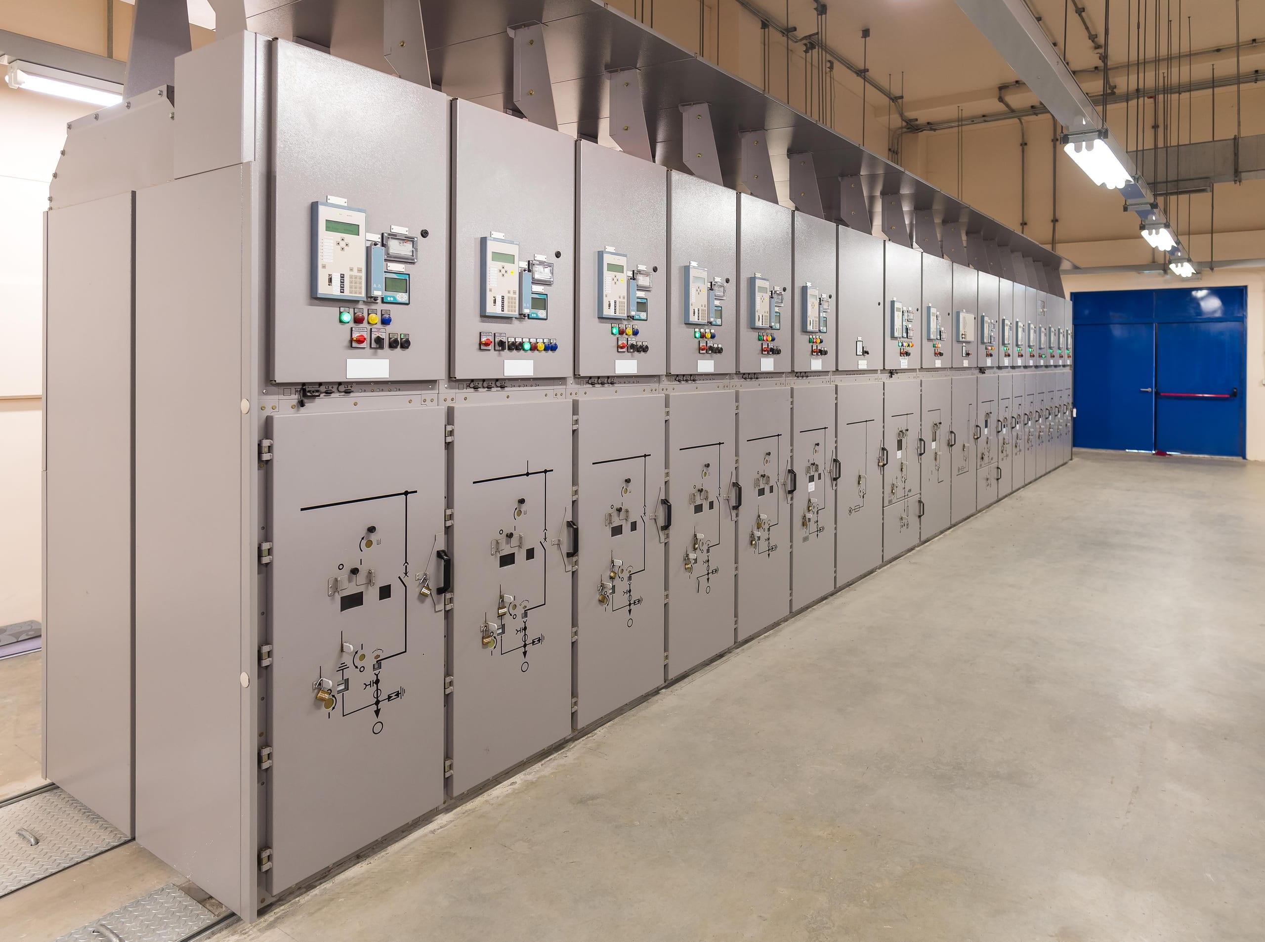Switchgear panel bank on the workshop floor