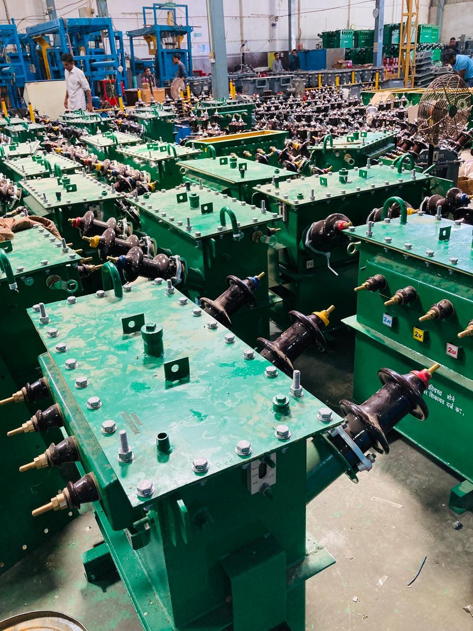 Distribution transformers staged for dispatch