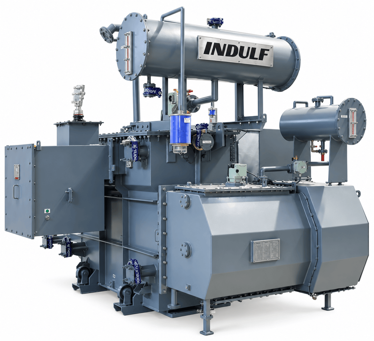 Power transformer with conservator, radiator bank and marshalling box on the factory floor
