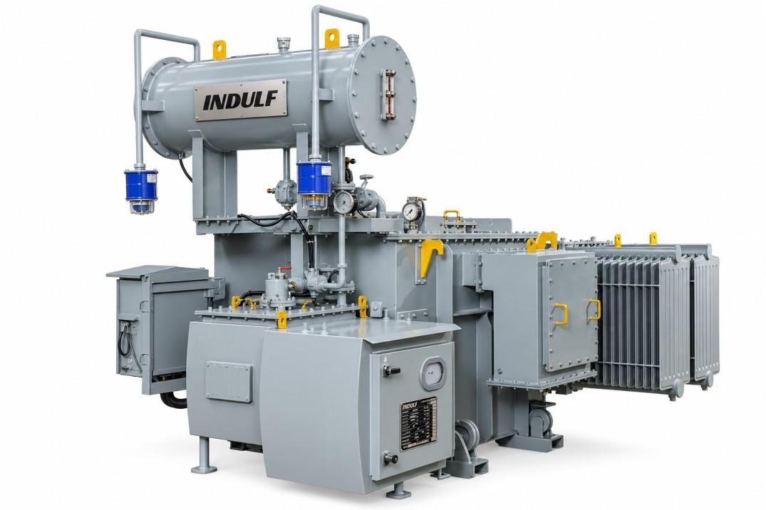 Oil-immersed transformer with conservator, radiator bank and marshalling box