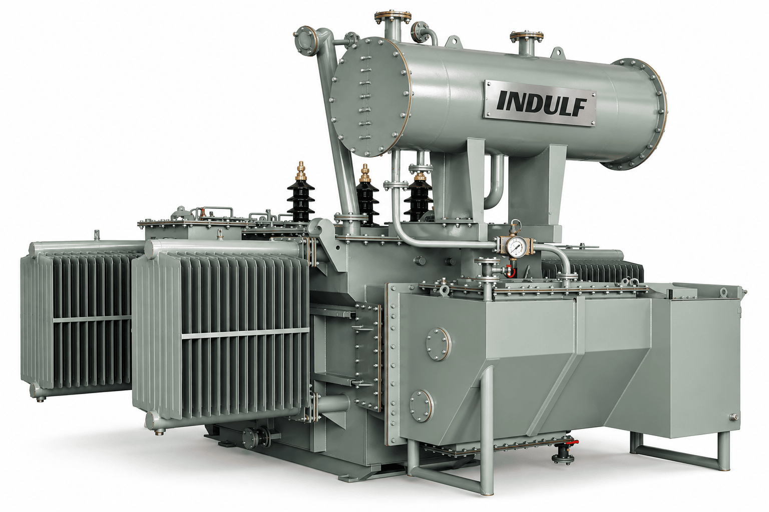 INDULF power transformer with radiator banks, conservator and HV bushings on a white ground