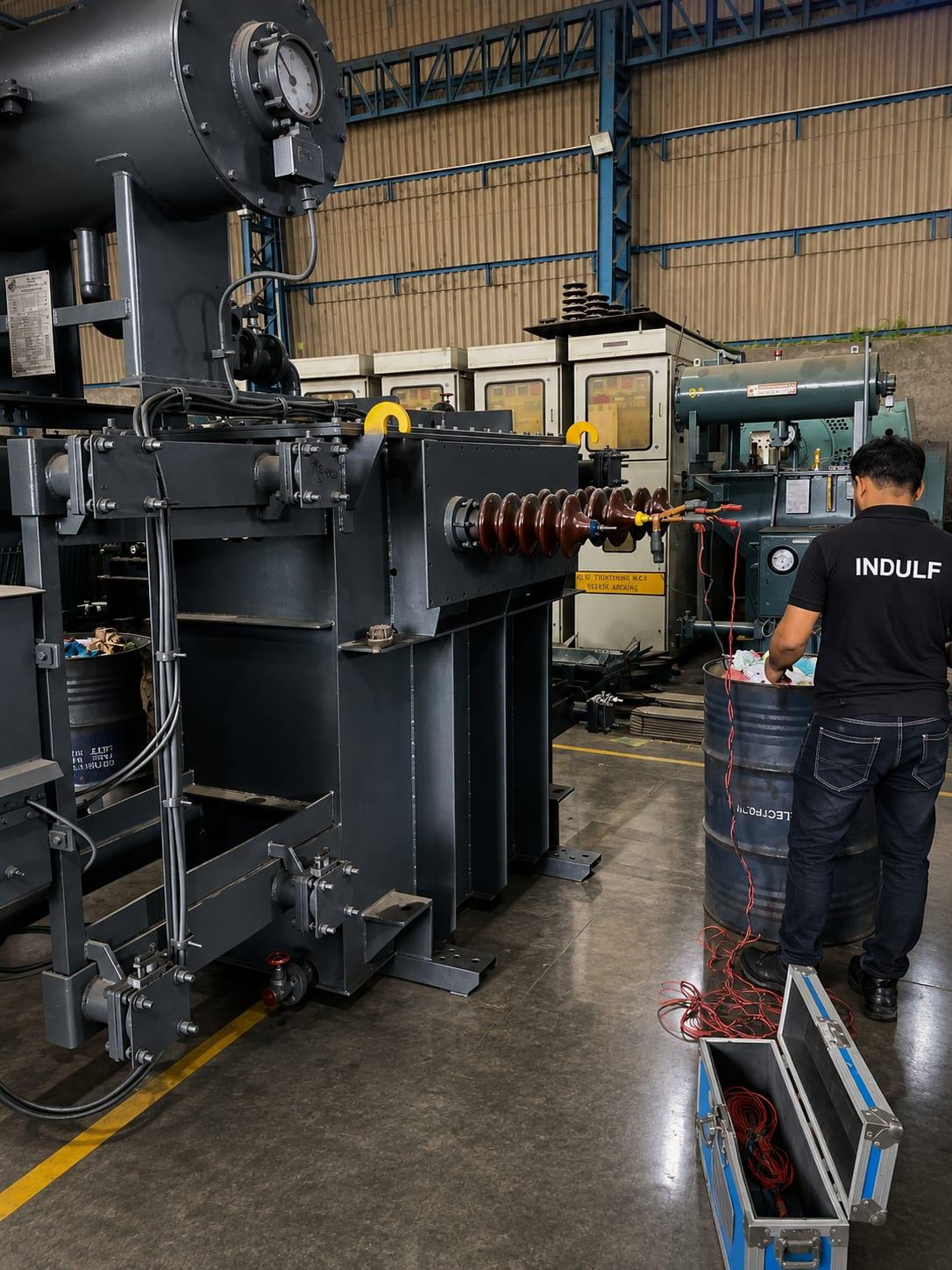 INDULF technician running electrical tests on a power transformer in the works